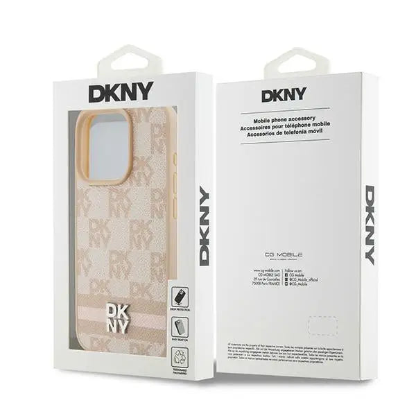 DKNY Leather Checkered Mono Pattern & Printed Stripes case for iPhone 15 Pro Max - pink - Cell phone cases
