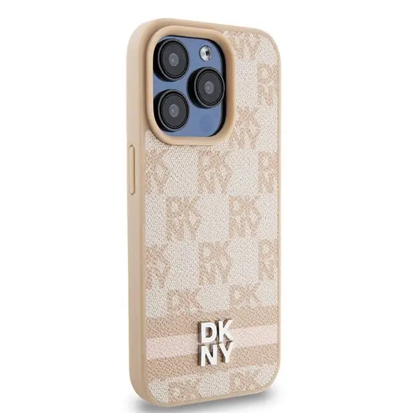 DKNY Leather Checkered Mono Pattern & Printed Stripes case for iPhone 15 Pro Max - pink - Cell phone cases