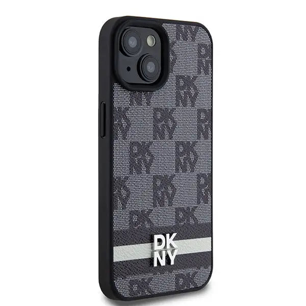 DKNY Leather Checkered Mono Pattern & Printed Stripes Case for iPhone 15/14/13 - Black - Cell phone cases