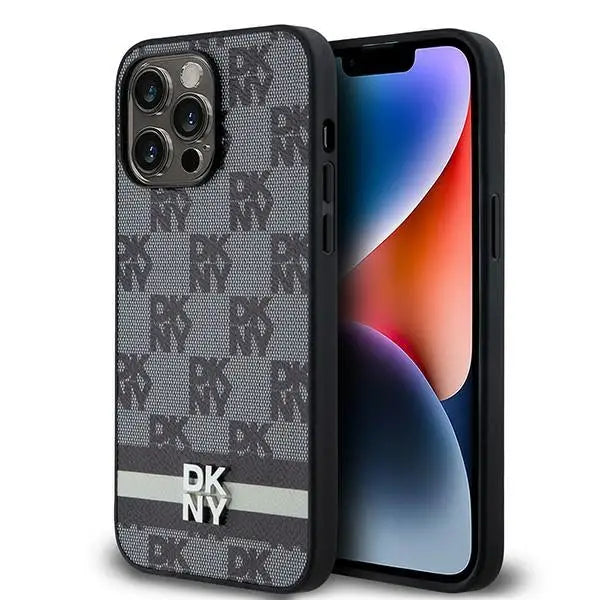 DKNY Leather Checkered Mono Pattern & Printed Stripes Case for iPhone 14 Pro Max - Black - Cell phone cases