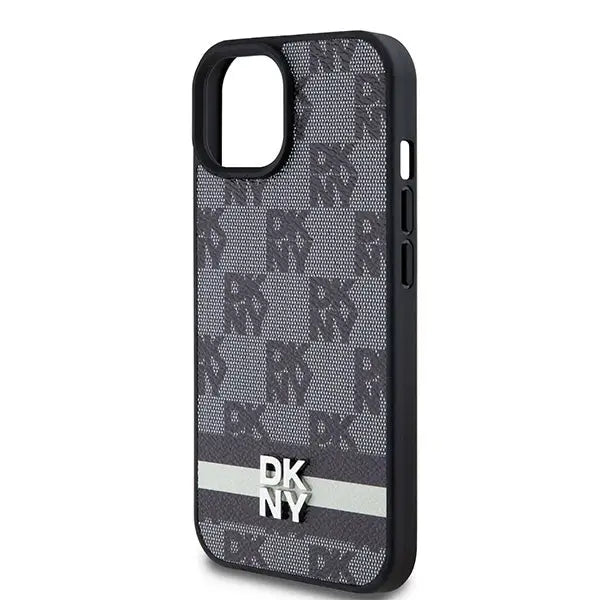 DKNY Leather Checkered Mono Pattern & Printed Stripes Case for iPhone 15/14/13 - Black - Cell phone cases