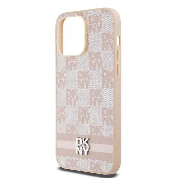DKNY Leather Checkered Mono Pattern & Printed Stripes case for iPhone 14 Pro Max - pink - Cell phone cases