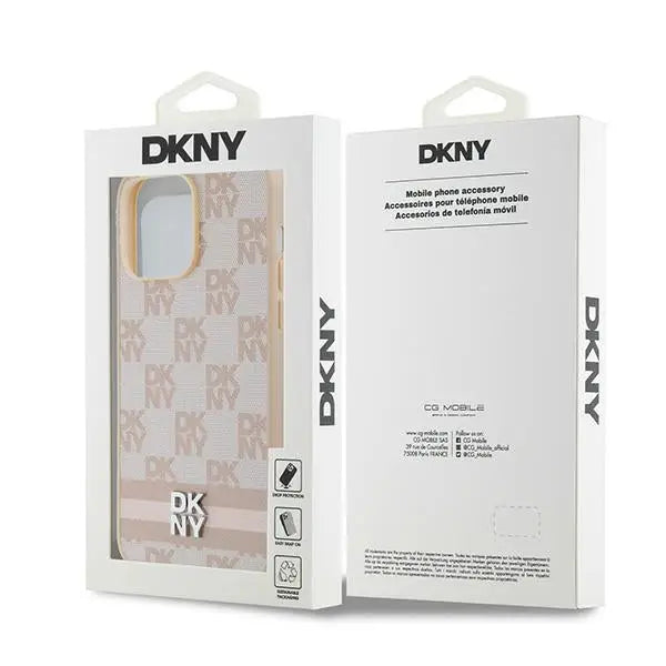 DKNY Leather Checkered Mono Pattern & Printed Stripes case for iPhone 14 Pro Max - pink - Cell phone cases