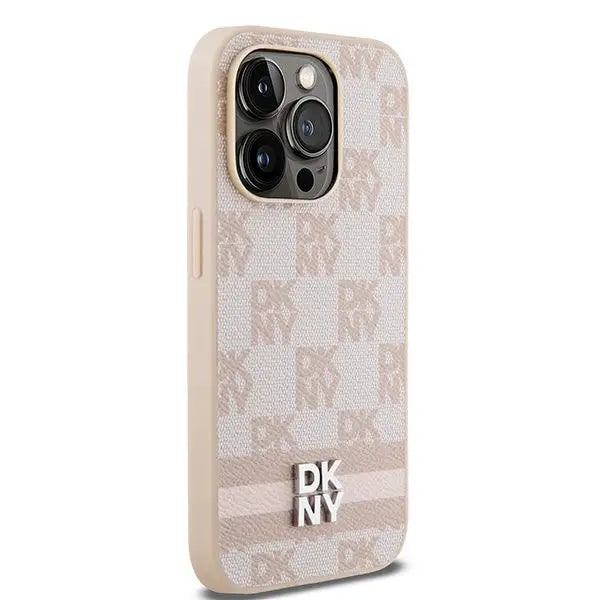 DKNY Leather Checkered Mono Pattern & Printed Stripes case for iPhone 14 Pro - pink - Cell phone cases
