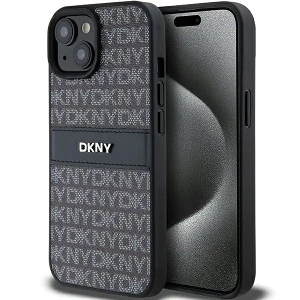 DKNY Leather Mono Stripe & Metal Logo Case for iPhone 15 Plus / 14 Plus - Black - Cell phone cases