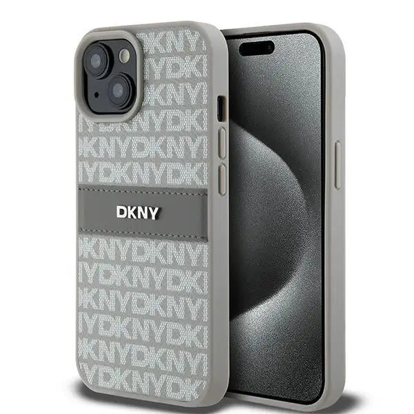 DKNY Leather Mono Stripe & Metal Logo case for iPhone 15 Plus / 14 Plus - beige - Cell phone cases