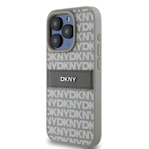 DKNY Leather Mono Stripe & Metal Logo case for iPhone 15 Pro - beige - Cell phone cases and covers<<<HurtelXML