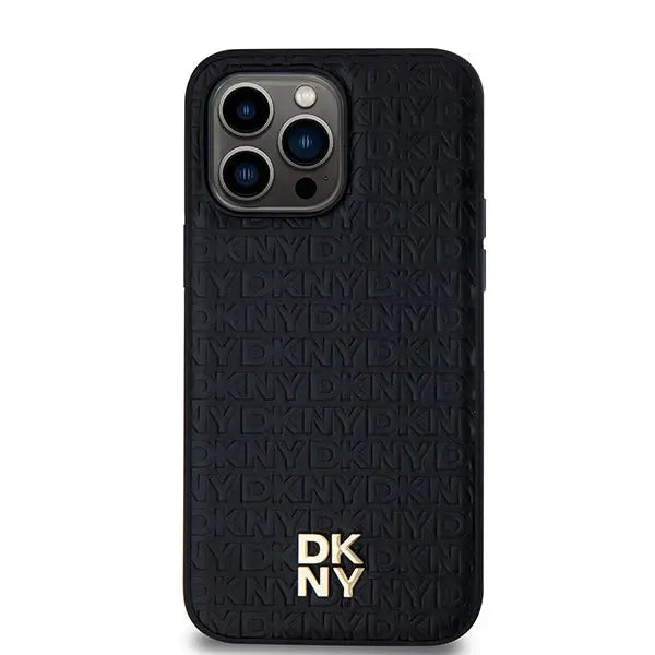 DKNY Leather Monogram Pattern Metal Logo MagSafe Case for iPhone 14 Pro Max - Black - Cell phone cases
