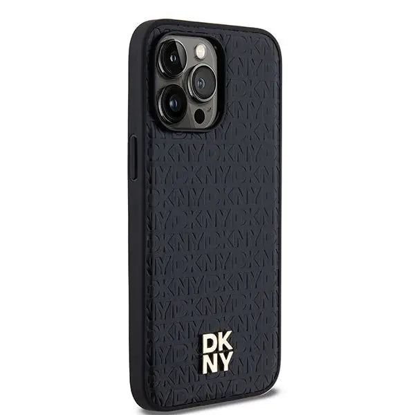 DKNY Leather Monogram Pattern Metal Logo MagSafe Case for iPhone 14 Pro Max - Black - Cell phone cases