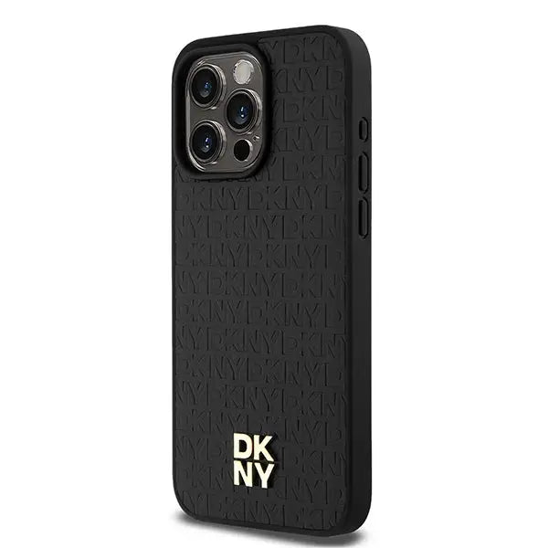 DKNY Leather Monogram Pattern Metal Logo MagSafe Case for iPhone 15 Pro Max - Black - Cell phone cases