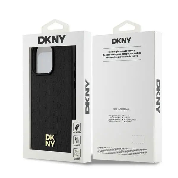 DKNY Leather Monogram Pattern Metal Logo MagSafe Case for iPhone 15 Pro Max - Black - Cell phone cases