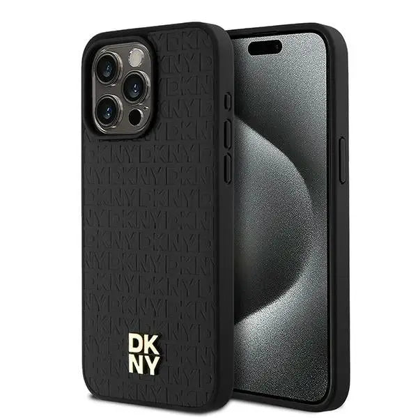 DKNY Leather Monogram Pattern Metal Logo MagSafe Case for iPhone 15 Pro Max - Black - Cell phone cases