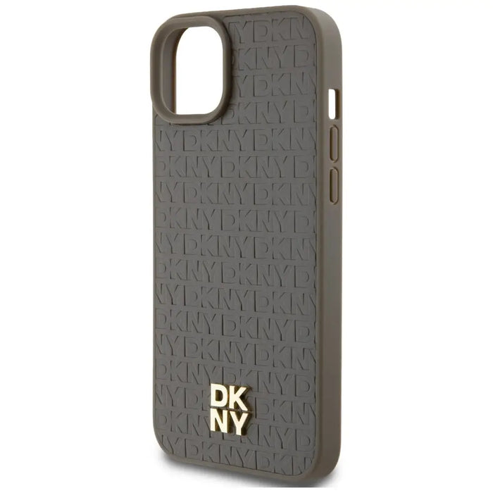 DKNY Leather Pattern Metal Logo MagSafe Case for iPhone 15 Plus / 14 Plus - Brown - Cell phone cases