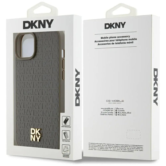 DKNY Leather Pattern Metal Logo MagSafe Case for iPhone 15 Plus / 14 Plus - Brown - Cell phone cases