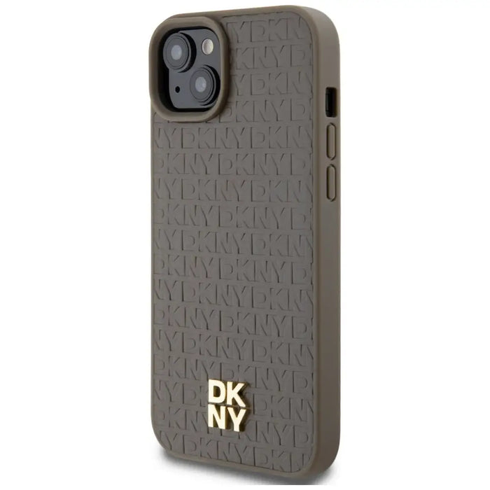 DKNY Leather Pattern Metal Logo MagSafe Case for iPhone 15 Plus / 14 Plus - Brown - Cell phone cases