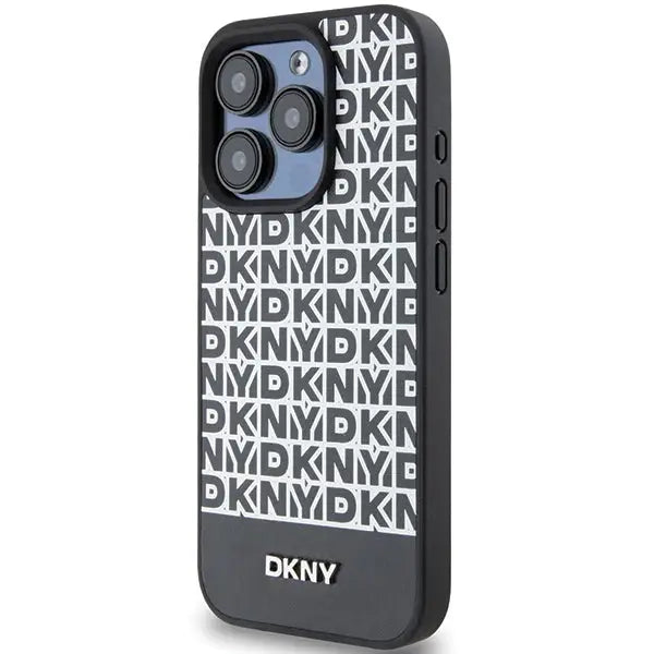 DKNY Leather Printed Pattern Metal Logo MagSafe Case for iPhone 15 Pro Max - Black - Cell phone cases