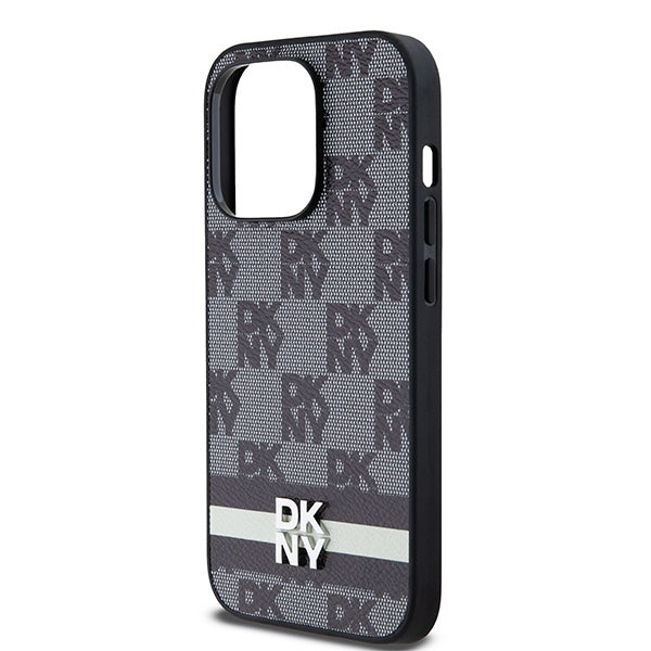 DKNY Leather Checkered Mono Pattern &amp; Printed Stripes iPhone 14 Pro Case - Black