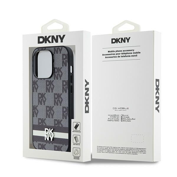 DKNY Leather Checkered Mono Pattern &amp; Printed Stripes iPhone 14 Pro Case - Black