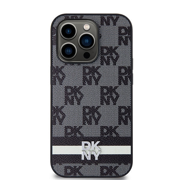 DKNY Leather Checkered Mono Pattern &amp; Printed Stripes iPhone 14 Pro Case - Black