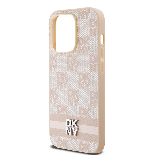 DKNY Leather Checkered Mono Pattern &amp; Printed Stripes case for iPhone 14 Pro - pink