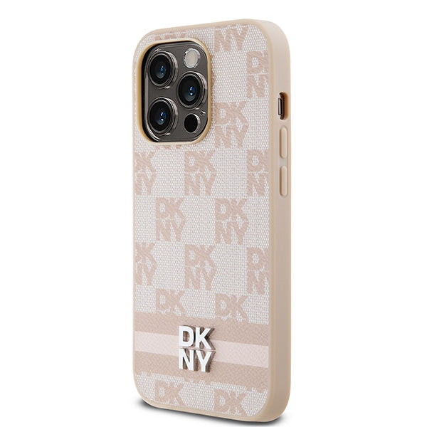 DKNY Leather Checkered Mono Pattern &amp; Printed Stripes case for iPhone 14 Pro - pink