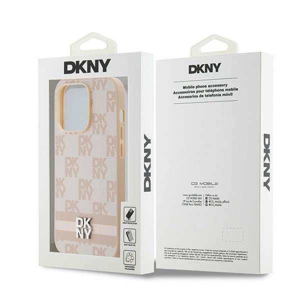 DKNY Leather Checkered Mono Pattern &amp; Printed Stripes case for iPhone 14 Pro - pink