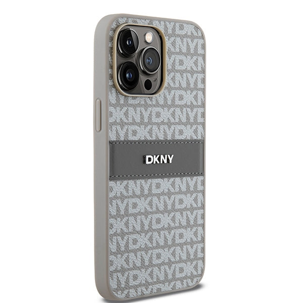 DKNY Leather Mono Stripe &amp; Metal Logo case for iPhone 14 Pro - beige
