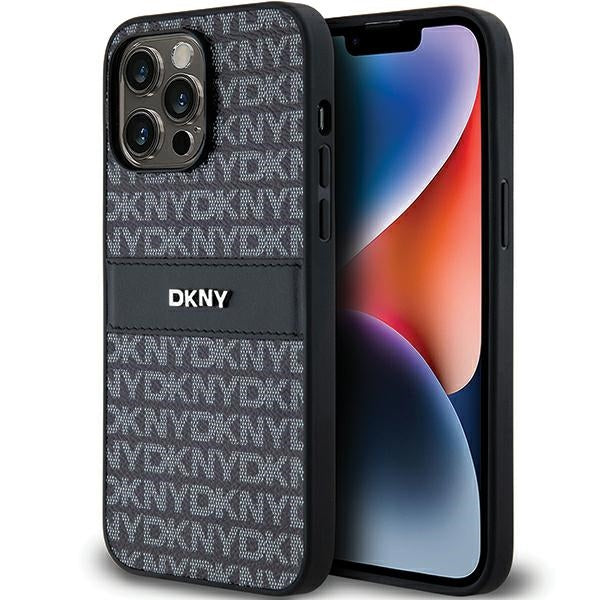 DKNY Leather Mono Stripe &amp; Metal Logo case for iPhone 14 Pro - black