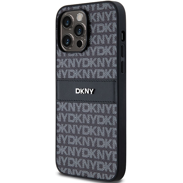 DKNY Leather Mono Stripe &amp; Metal Logo case for iPhone 14 Pro - black