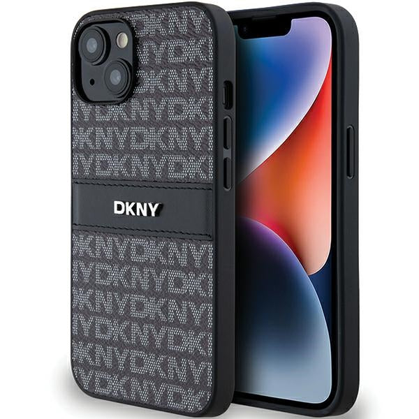 DKNY Leather Mono Stripe &amp; Metal Logo Case for iPhone 15/14/13 - Black