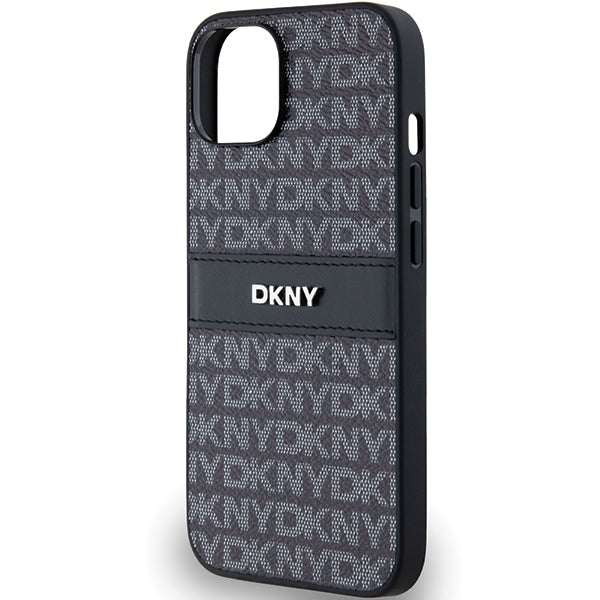 DKNY Leather Mono Stripe &amp; Metal Logo Case for iPhone 15/14/13 - Black