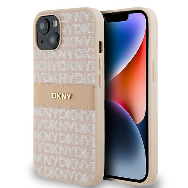 DKNY Leather Mono Stripe &amp; Metal Logo case for iPhone 15 / 14 / 13 - pink