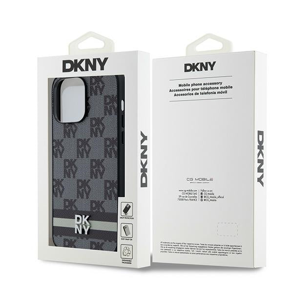DKNY Leather Checkered Mono Pattern &amp; Printed Stripes Case for iPhone 14 Pro Max - Black