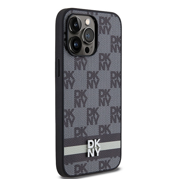 DKNY Leather Checkered Mono Pattern &amp; Printed Stripes Case for iPhone 14 Pro Max - Black