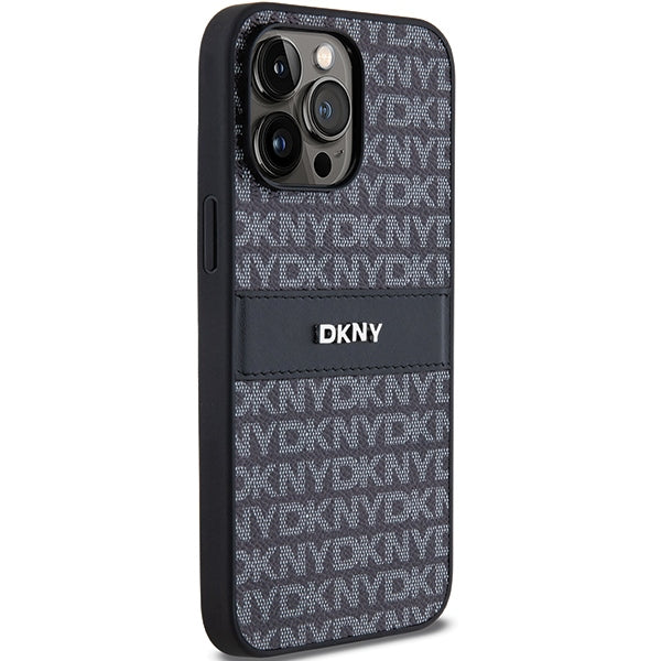 DKNY Leather Mono Stripe &amp; Metal Logo case for iPhone 14 Pro Max - black