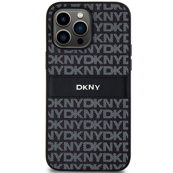 DKNY Leather Mono Stripe &amp; Metal Logo case for iPhone 14 Pro Max - black