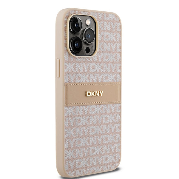 DKNY Leather Mono Stripe &amp; Metal Logo case for iPhone 14 Pro Max - pink