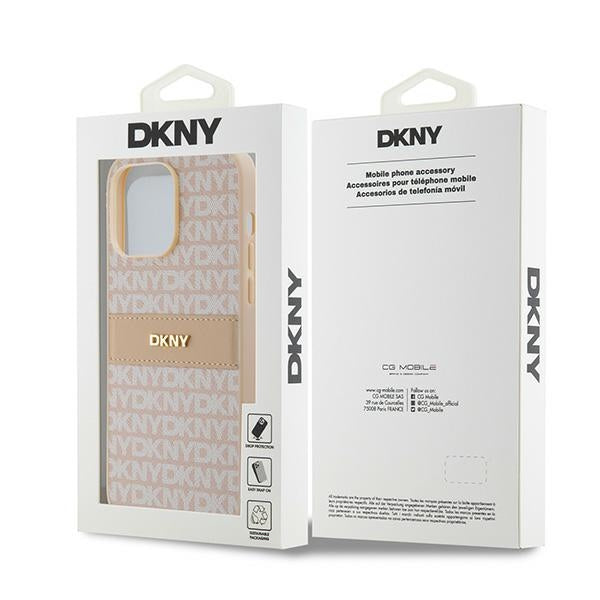DKNY Leather Mono Stripe &amp; Metal Logo case for iPhone 14 Pro Max - pink