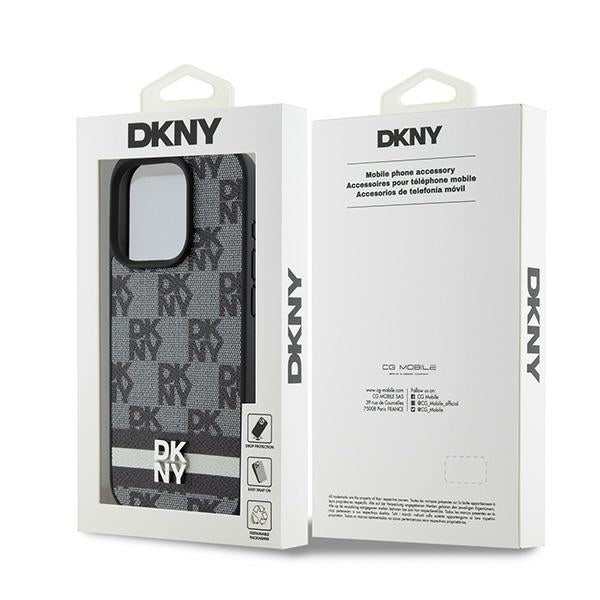 DKNY Leather Checkered Mono Pattern &amp; Printed Stripes iPhone 15 Pro Case - Black