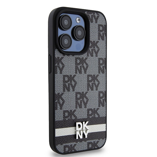 DKNY Leather Checkered Mono Pattern &amp; Printed Stripes iPhone 15 Pro Case - Black