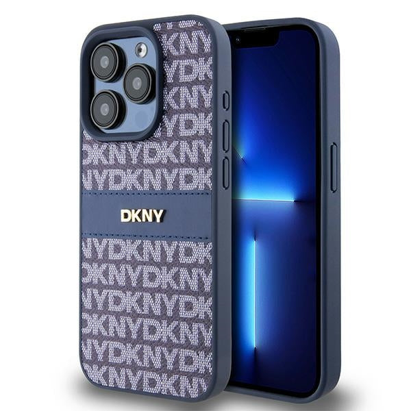 DKNY Leather Mono Stripe &amp; Metal Logo case for iPhone 15 Pro - blue