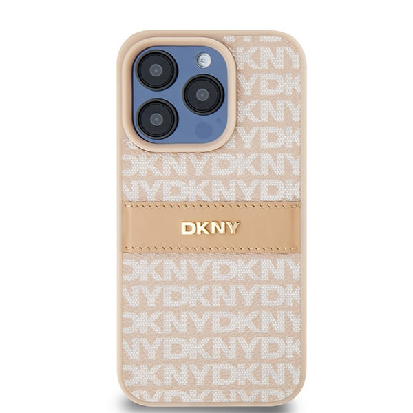 DKNY Leather Mono Stripe &amp; Metal Logo case for iPhone 15 Pro - pink