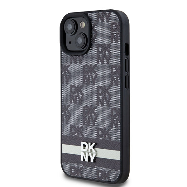 DKNY Leather Checkered Mono Pattern &amp; Printed Stripes Case for iPhone 15 Plus / 14 Plus - Black