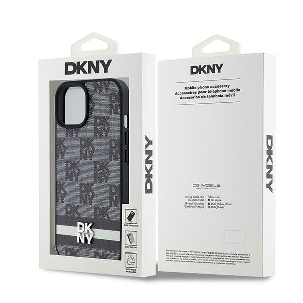 DKNY Leather Checkered Mono Pattern &amp; Printed Stripes Case for iPhone 15 Plus / 14 Plus - Black