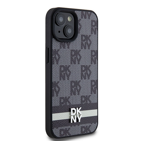 DKNY Leather Checkered Mono Pattern &amp; Printed Stripes Case for iPhone 15 Plus / 14 Plus - Black