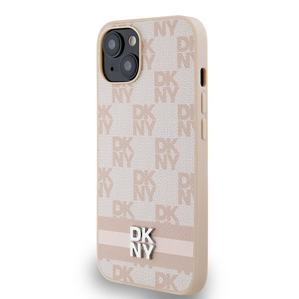 DKNY Leather Checkered Mono Pattern &amp; Printed Stripes Case for iPhone 15 Plus / 14 Plus - Pink