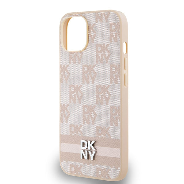 DKNY Leather Checkered Mono Pattern &amp; Printed Stripes Case for iPhone 15 Plus / 14 Plus - Pink