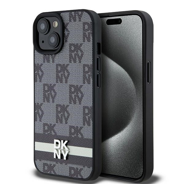 DKNY Leather Checkered Mono Pattern &amp; Printed Stripes Case for iPhone 15/14/13 - Black