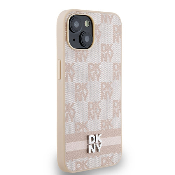 DKNY Leather Checkered Mono Pattern &amp; Printed Stripes case for iPhone 15 / 14 / 13 - pink