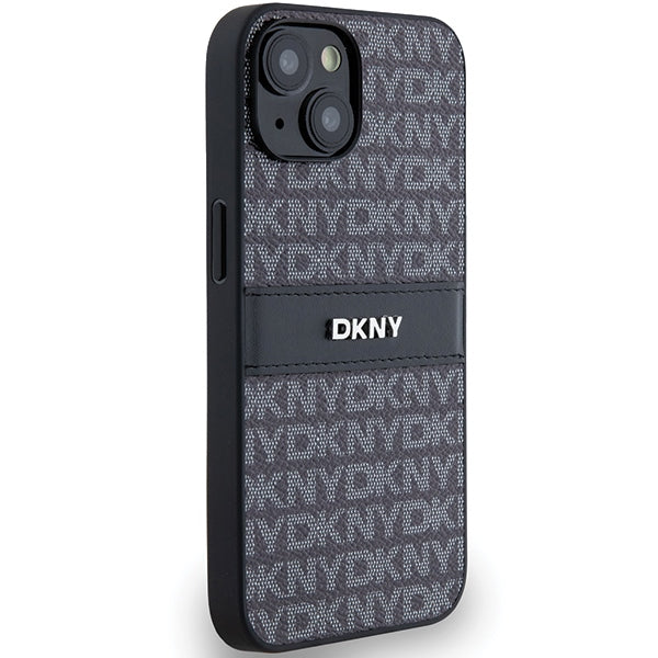 DKNY Leather Mono Stripe &amp; Metal Logo Case for iPhone 15/14/13 - Black